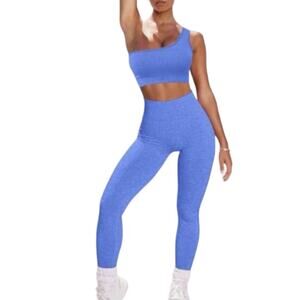 2 Piece Seamless Blue High Waist Leggings One Shoulder Sports Bra Outfit